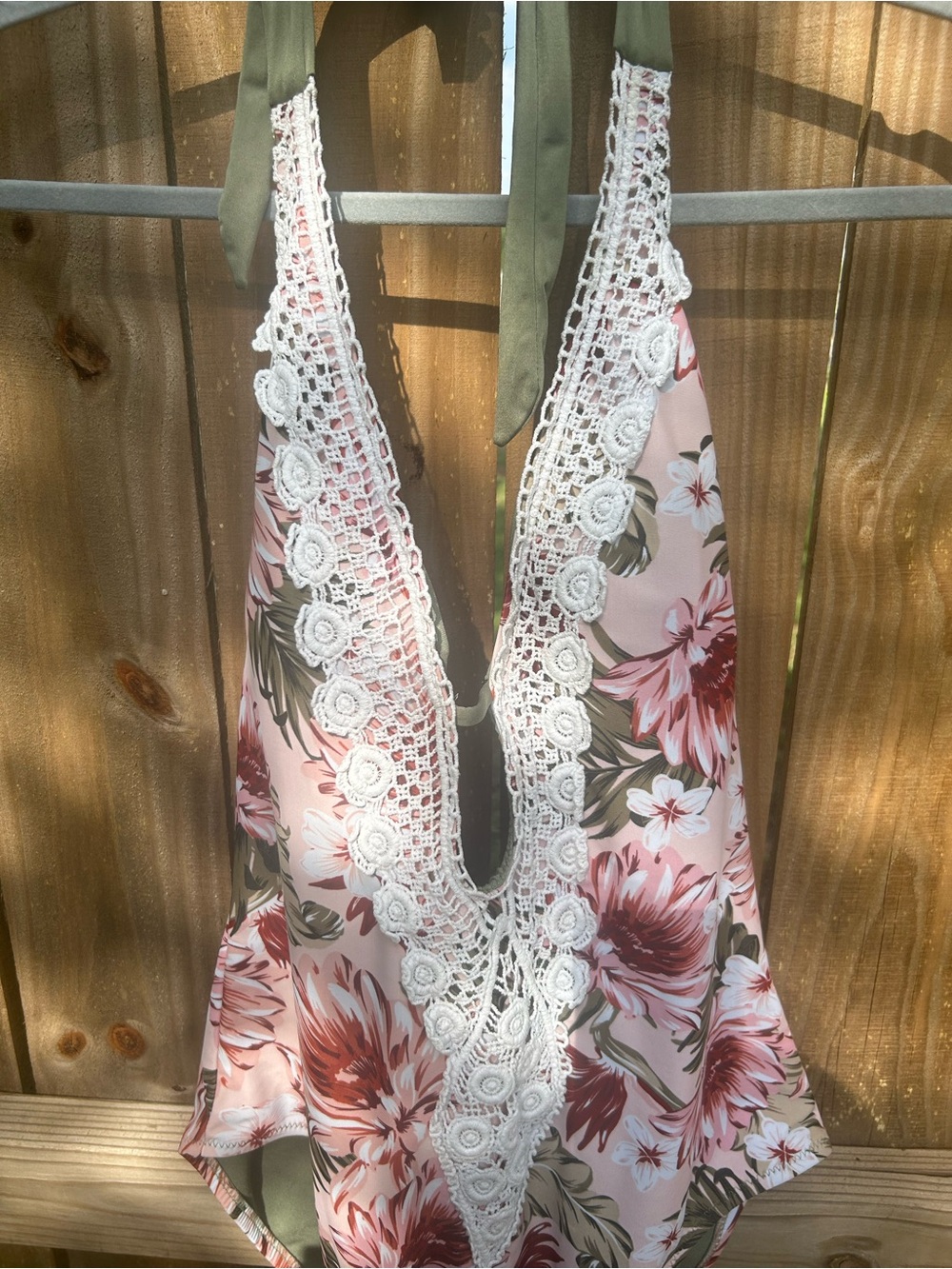 Kona Sol Pink Floral One-Piece Swimsuit with Olive Ties size large - Picture 2 of 11